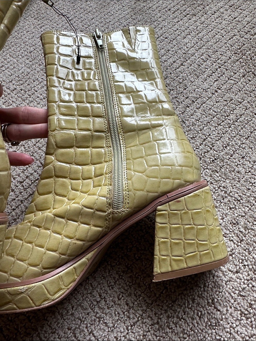 Urban Outfitters chunky chartreuse Bella Croc-Embossed Mid-Calf Block Heel Boots - Picture 7 of 13